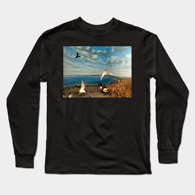 Natural environment diorama - birds flying on the shore of a pond Long Sleeve T-Shirt by Reinvention